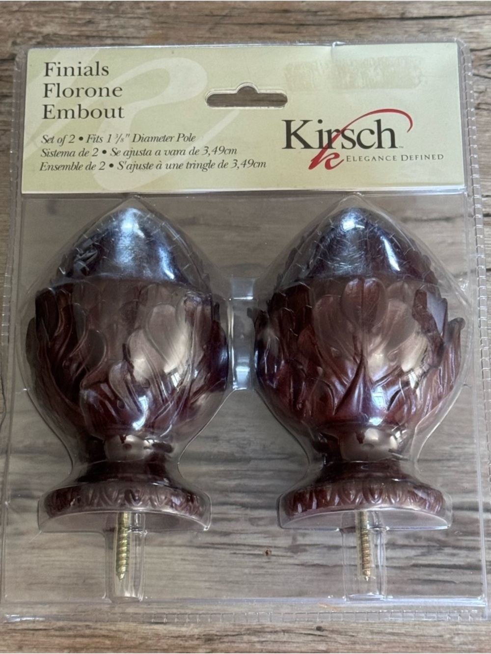 RARE VTG NEW Pair of Kirsch Mahogany Oak Leaf Finials Fits 1 3/8 Diameter Pole